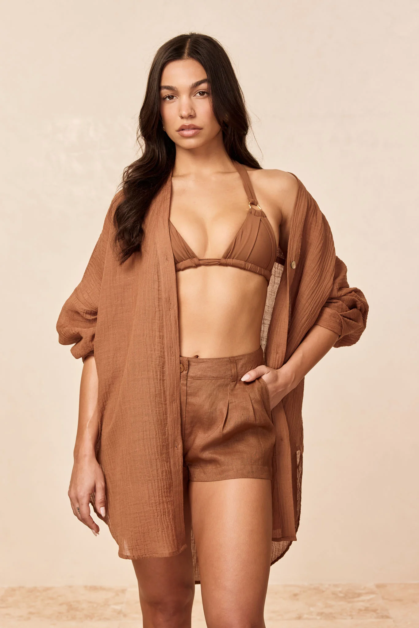 Barcelona Tunic - Caramel Crinkle Linen - Image 3
