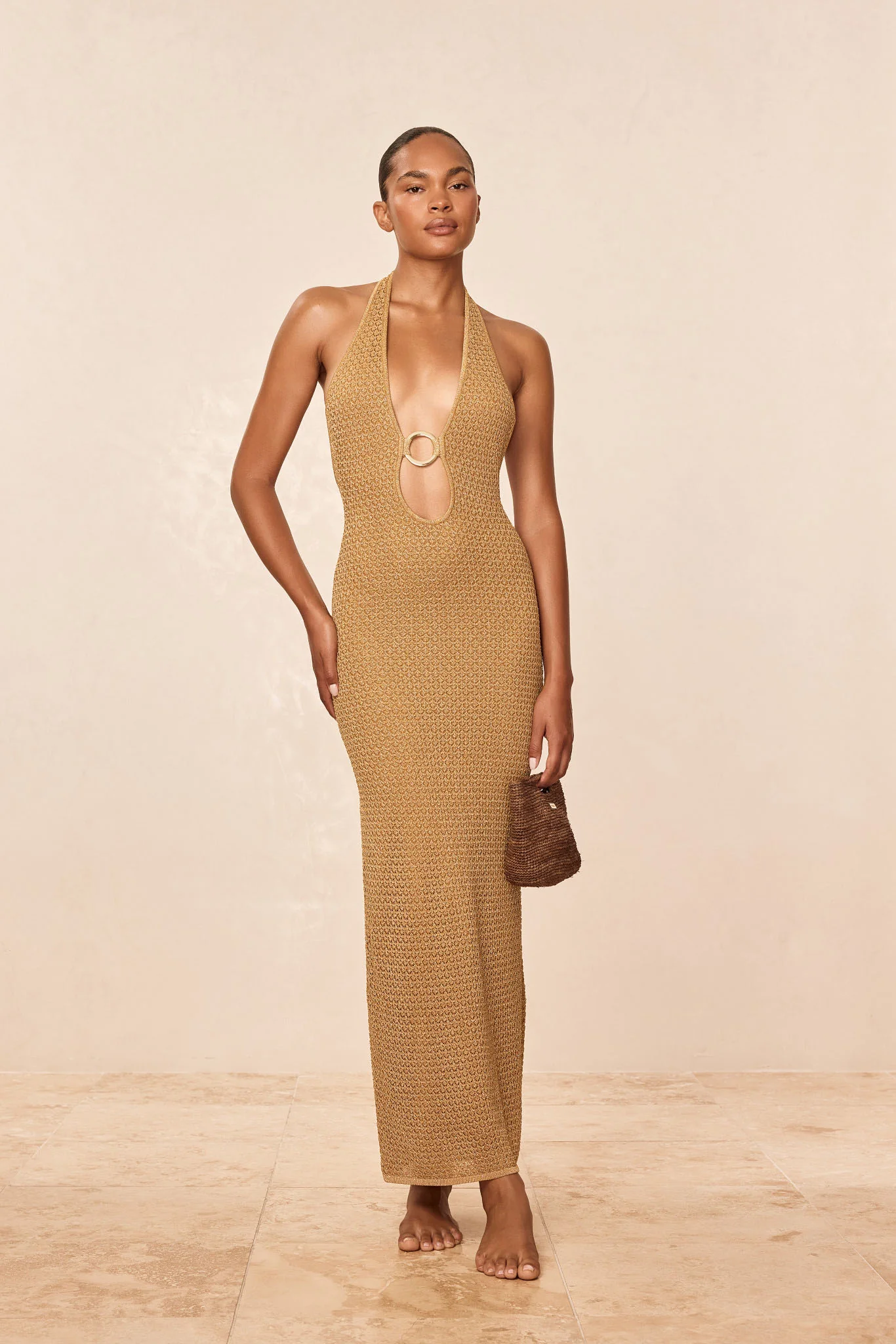 Montego Halter Dress - Antique Gold Lurex Lace Crochet - Image 3